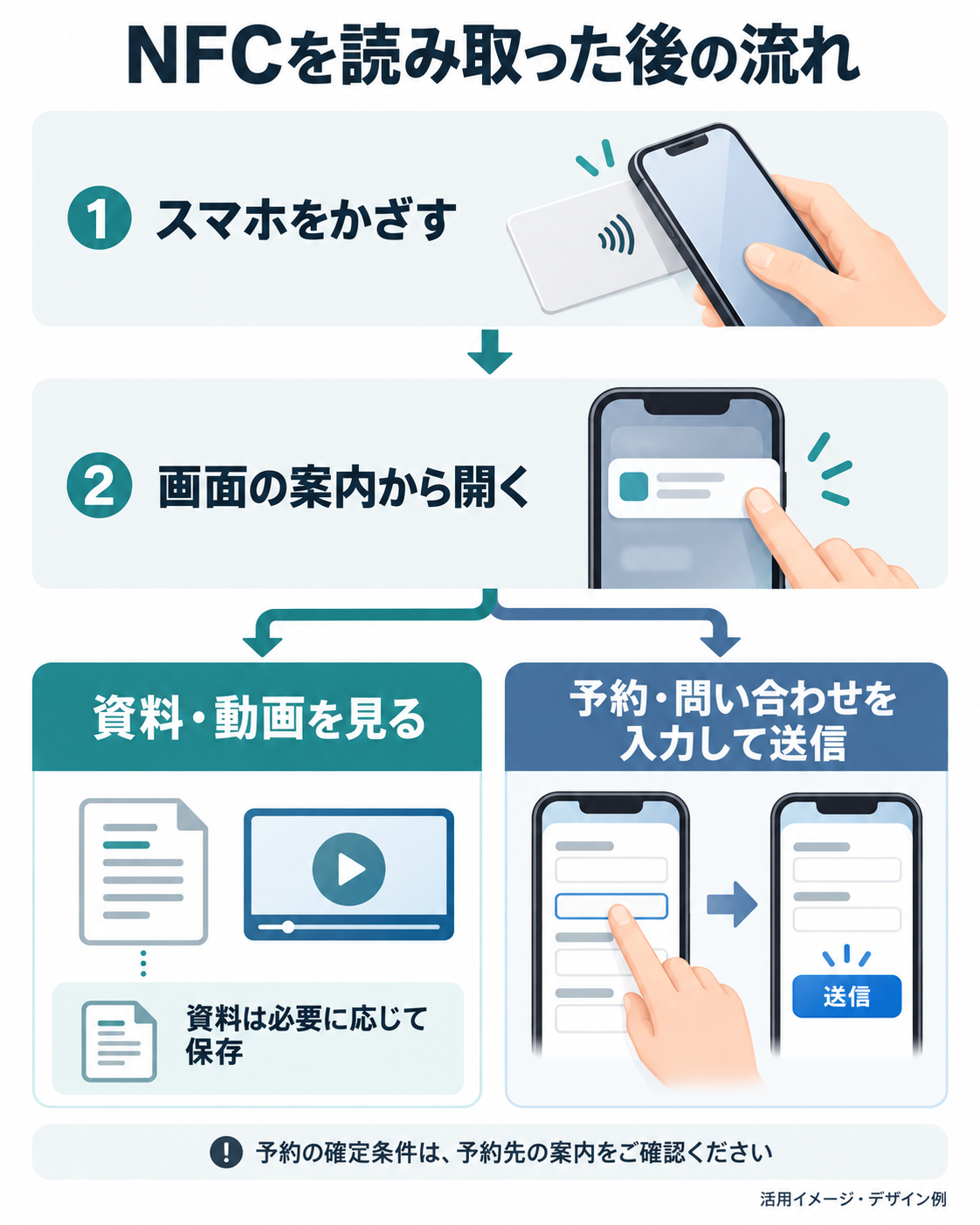 NFC読み取り後にページを開き、資料閲覧や予約・問い合わせへ進む操作の流れ