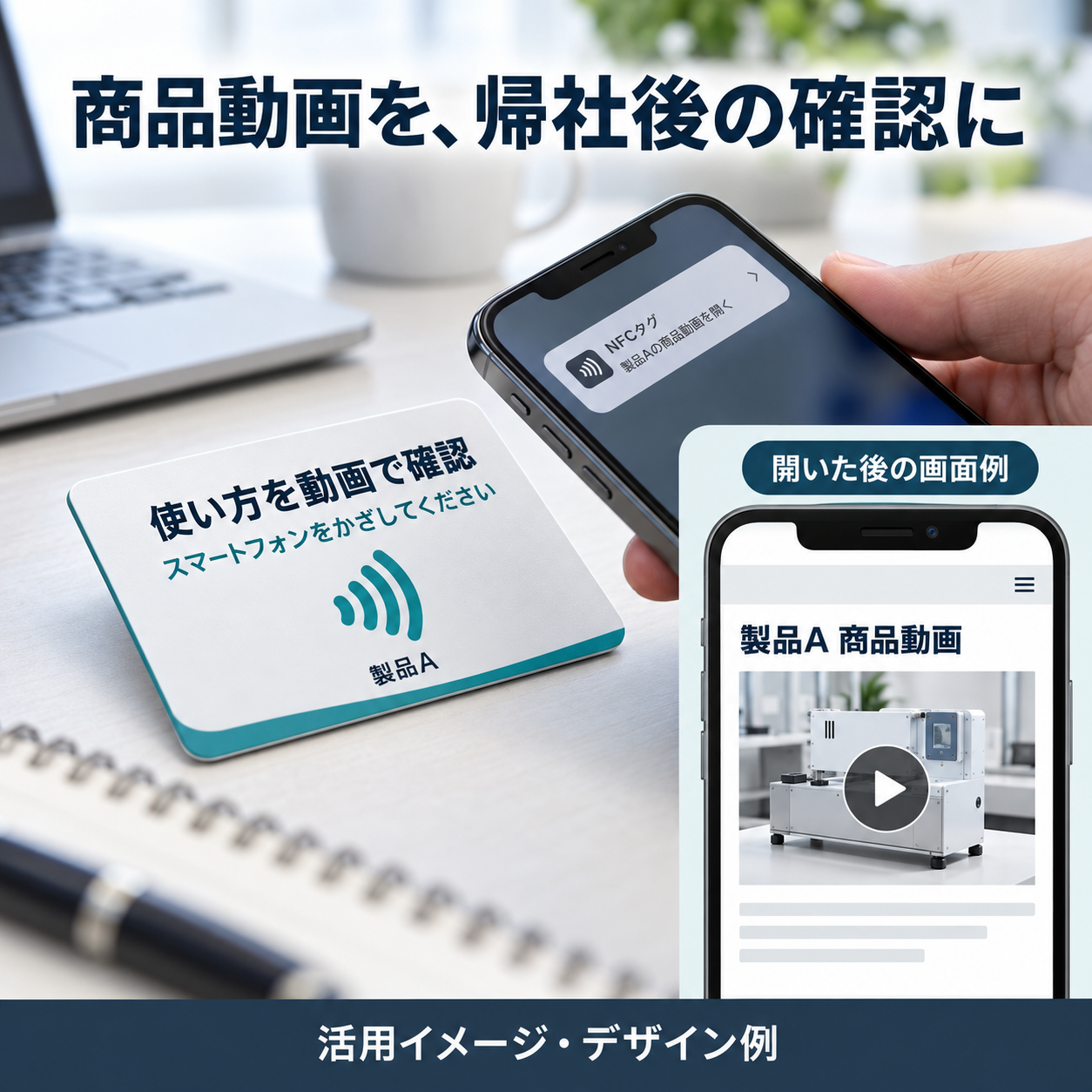 展示会で配布したNFCカードから商品紹介動画へ案内する活用イメージ