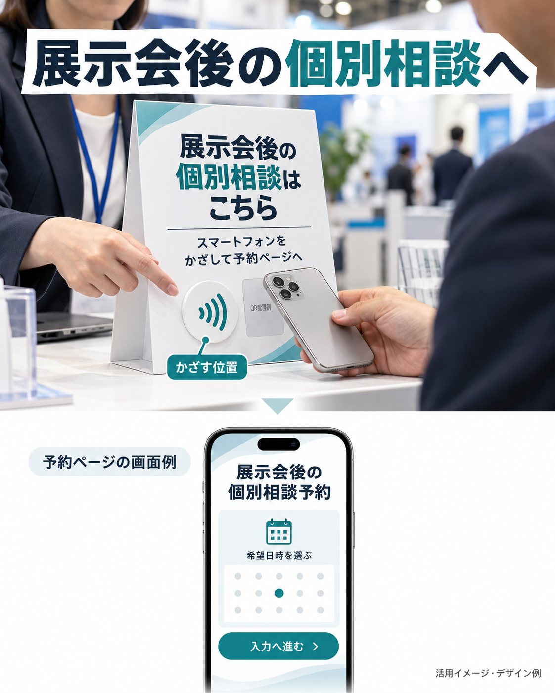 商談スペースのPOPに貼ったNFCシールから展示会後の相談予約へ案内する例