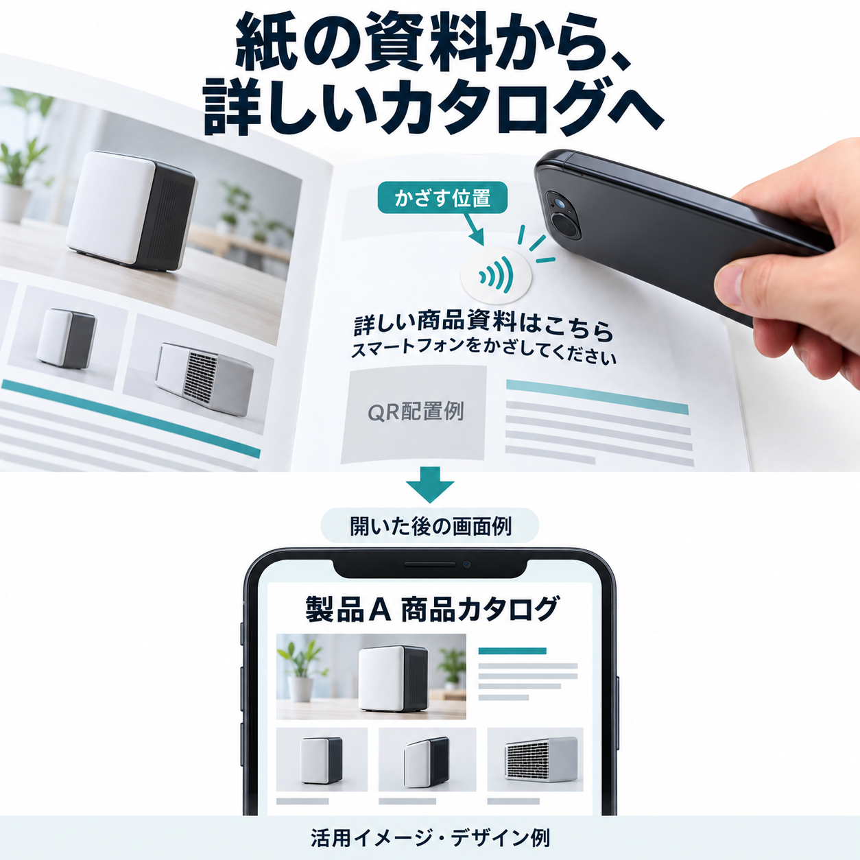 パンフレットのNFCシールから商品資料へ案内する活用イメージ